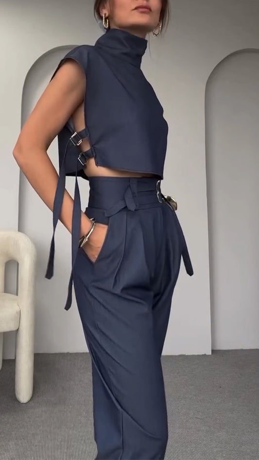 Round Neck Side Hollow Top + Trousers Casual Suit