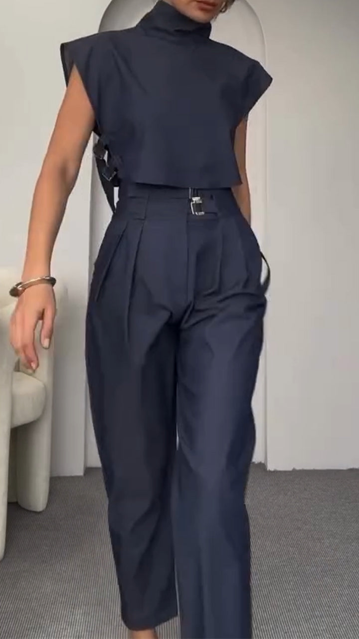 Round Neck Side Hollow Top + Trousers Casual Suit