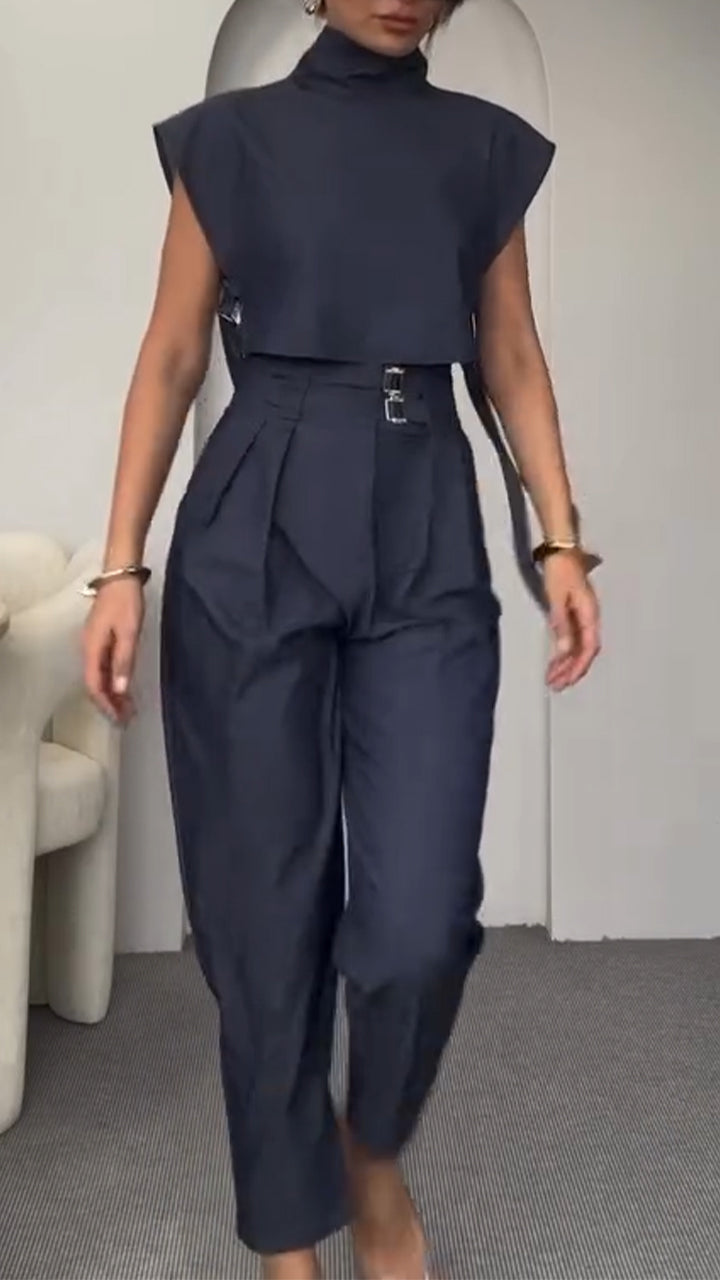 Round Neck Side Hollow Top + Trousers Casual Suit