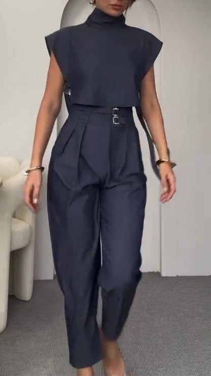 Round Neck Side Hollow Top + Trousers Casual Suit