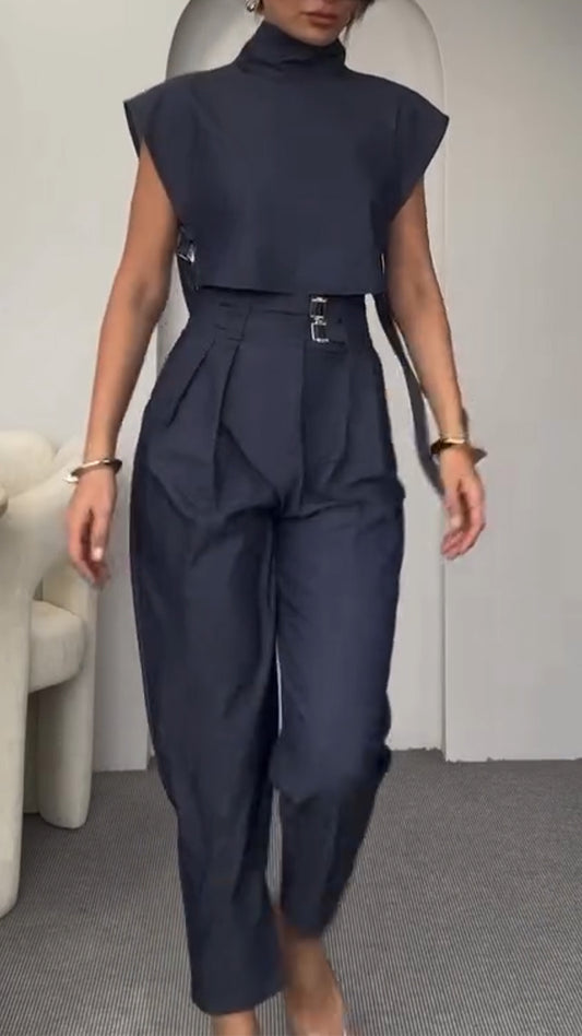 Round Neck Side Hollow Top + Trousers Casual Suit
