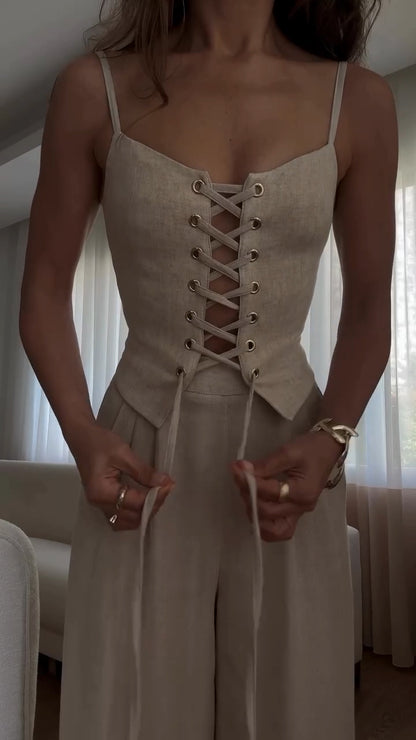 Women's Eyelet Strap Top + Trousers Casual Suit