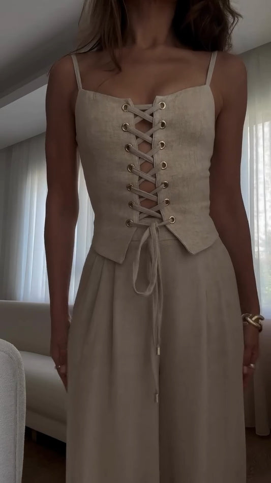 Women's Eyelet Strap Top + Trousers Casual Suit