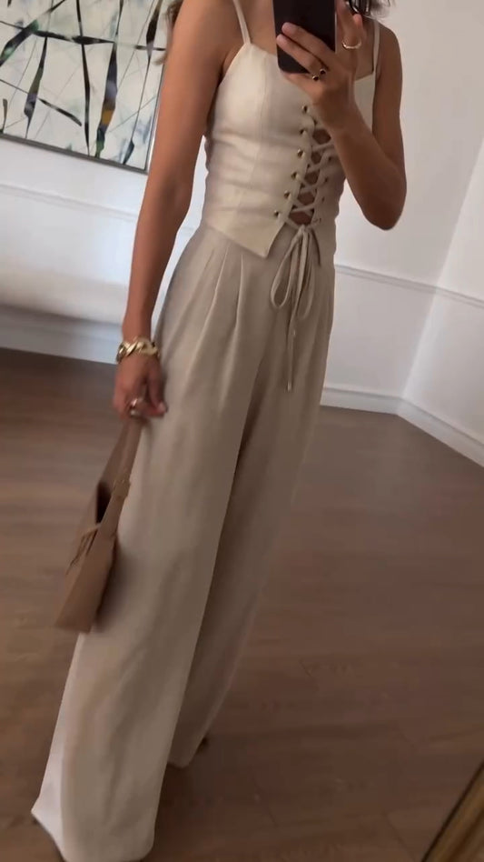 Women's Eyelet Strap Top + Trousers Casual Suit