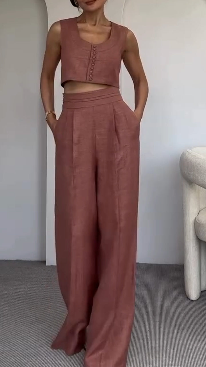 Women's Round Neck Multi-button + Trousers Casual Suit