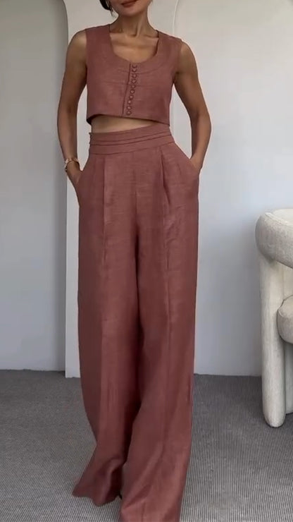 Women's Round Neck Multi-button + Trousers Casual Suit
