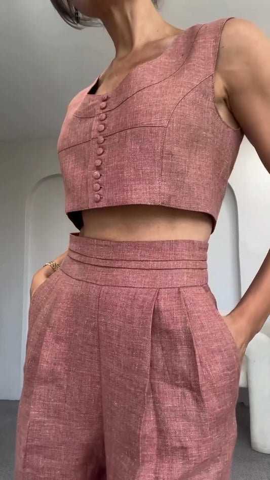 Women's Round Neck Multi-button + Trousers Casual Suit