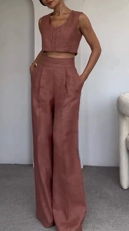 Women's Round Neck Multi-button + Trousers Casual Suit