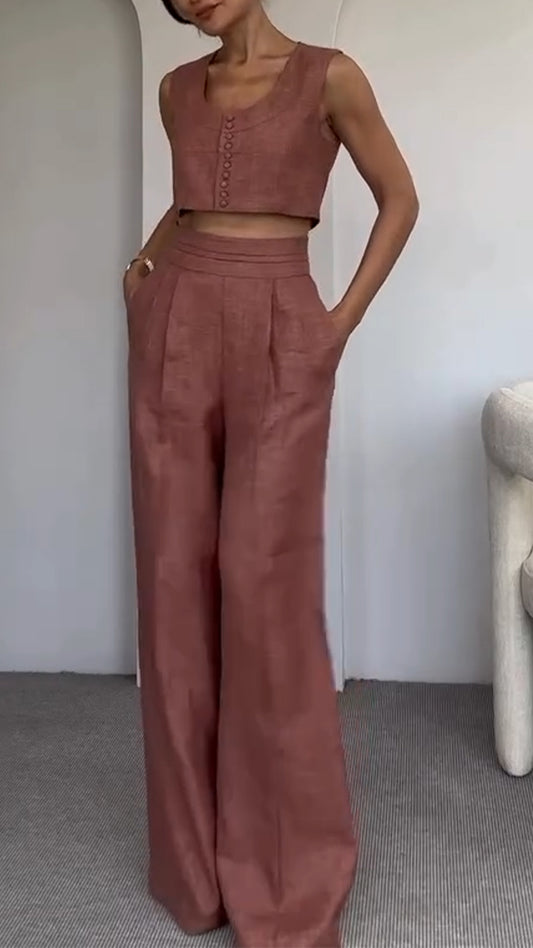 Women's Round Neck Multi-button + Trousers Casual Suit