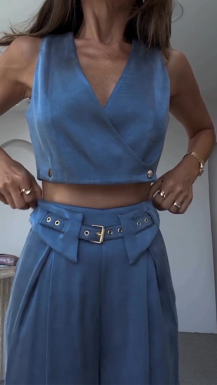 Women's V-neck Button Short Top + Trousers Casual Suit
