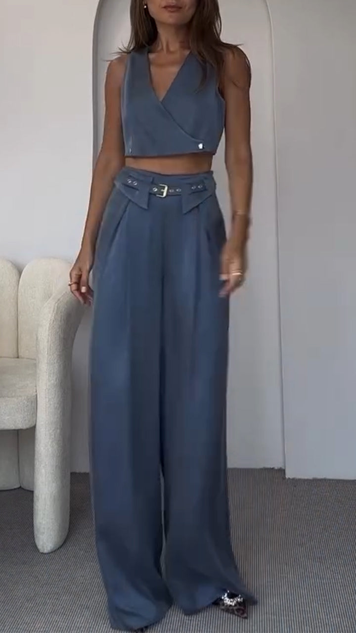Women's V-neck Button Short Top + Trousers Casual Suit