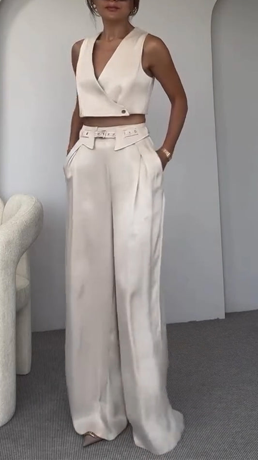 Women's V-neck Button Short Top + Trousers Casual Suit