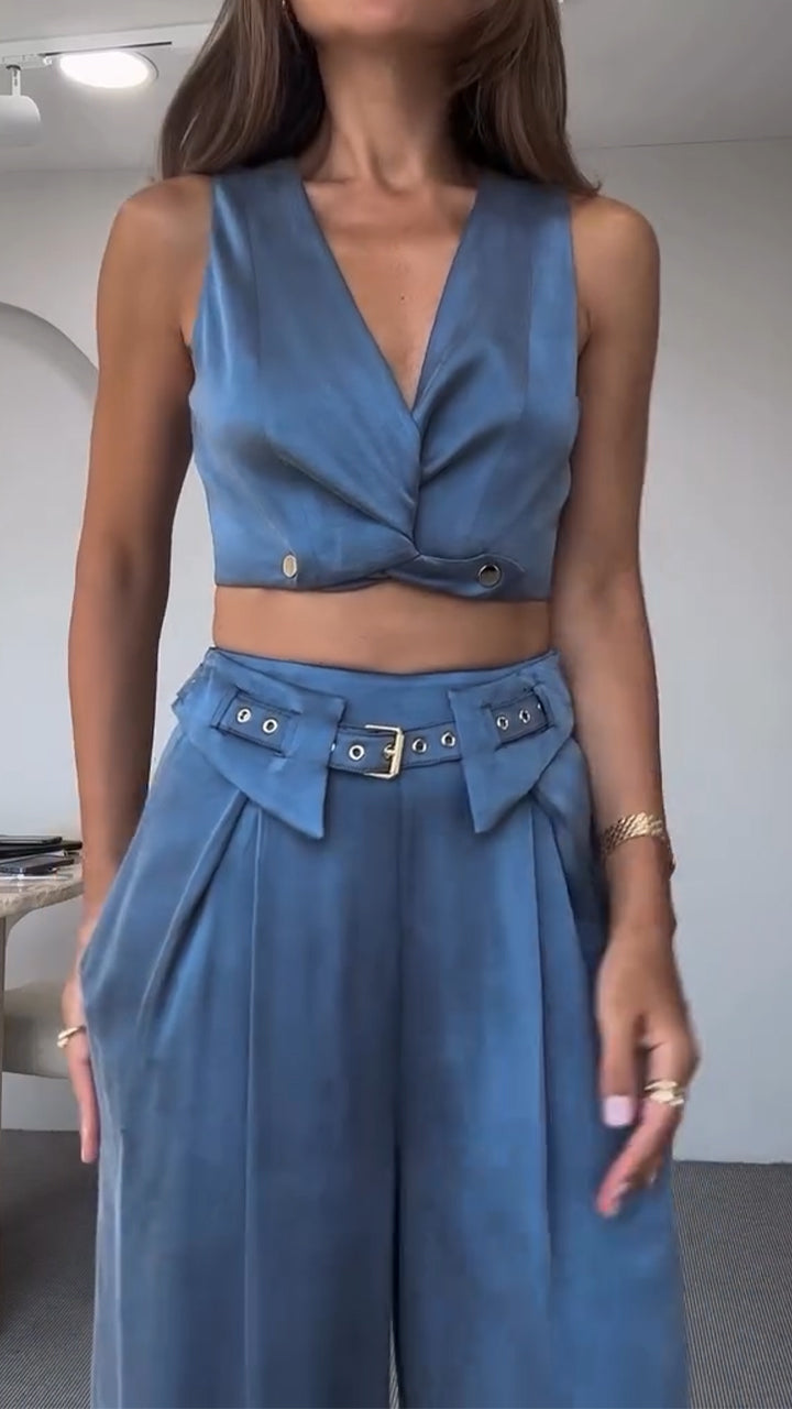 Women's V-neck Button Short Top + Trousers Casual Suit