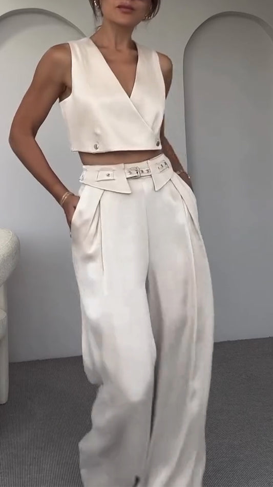Women's V-neck Button Short Top + Trousers Casual Suit