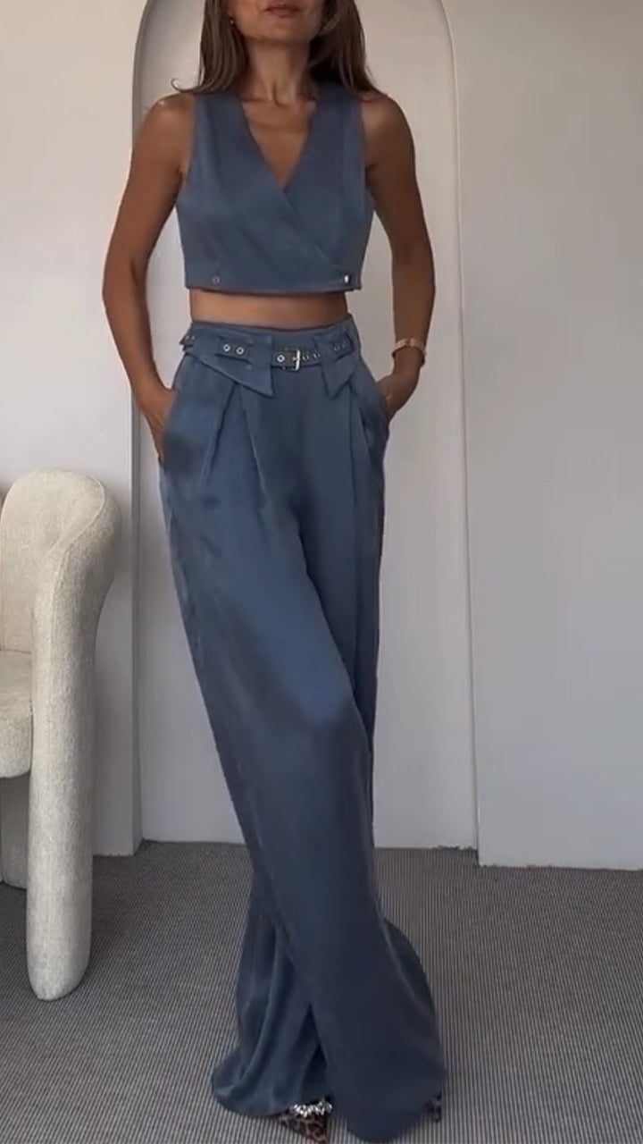 Women's V-neck Button Short Top + Trousers Casual Suit
