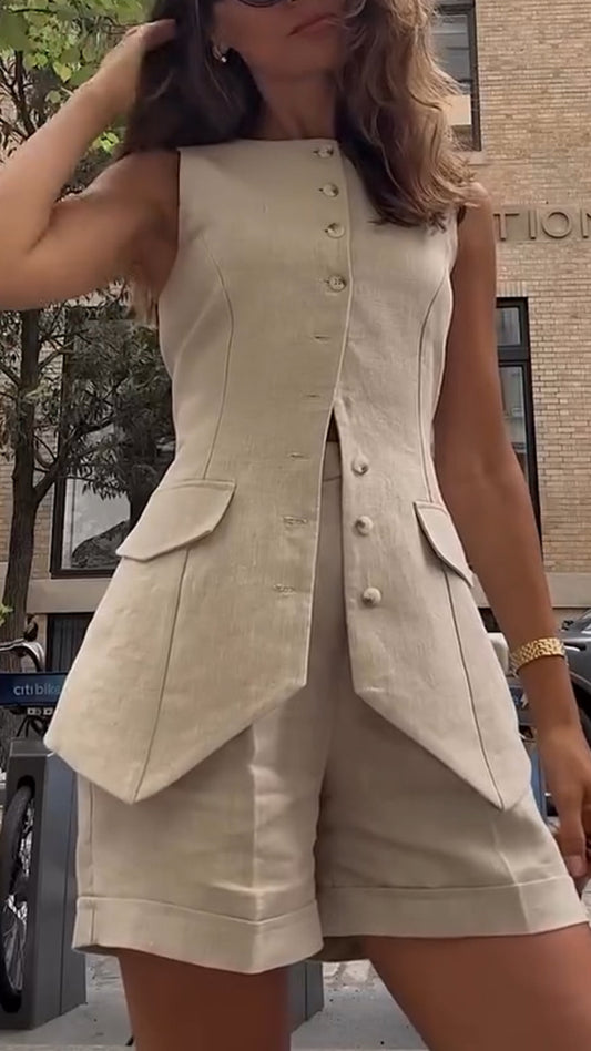 Women's Round Neck Button Vest Top + Shorts Casual Suit