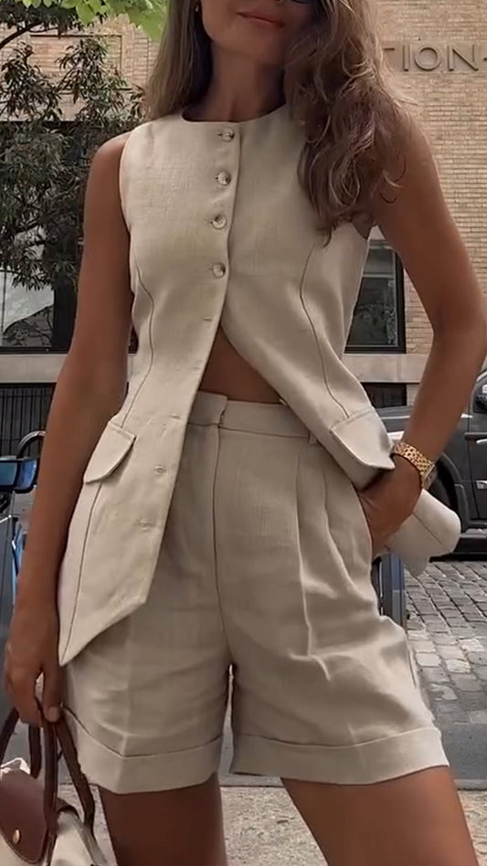 Women's Round Neck Button Vest Top + Shorts Casual Suit