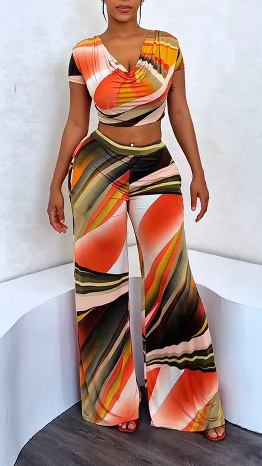 Ladies' V-neck Colorful Leisure Set