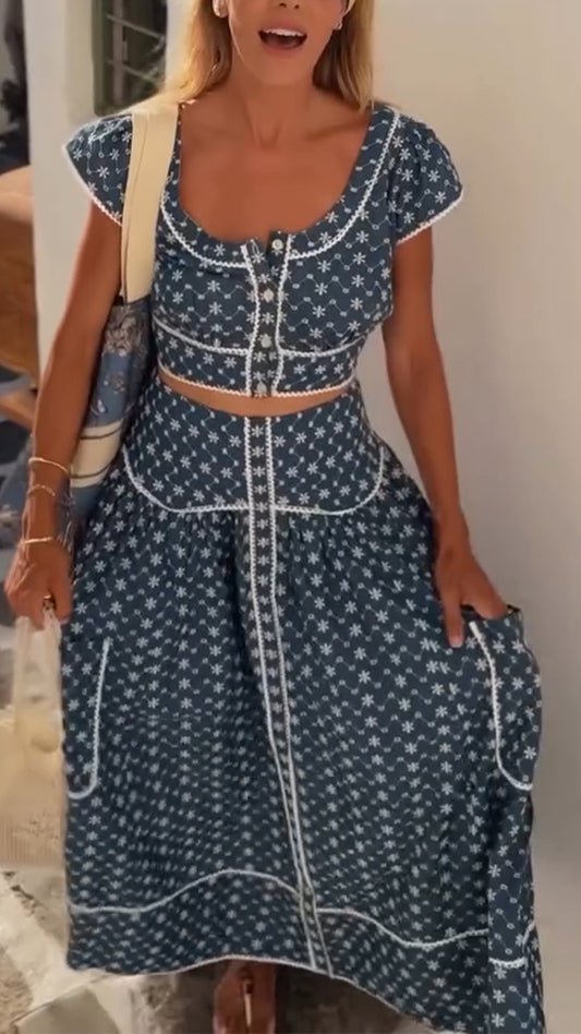 Ladies' Large U Collar Splicing Printed Casual Set