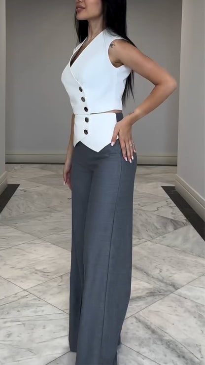 Women's V-neck Metal Buckle Decorative Top+ Spliced Pants Commuting Set