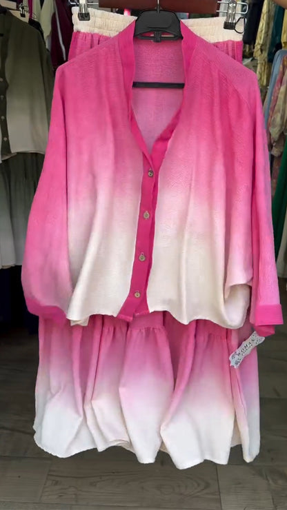 Ladies' V-neck Breasted Gradient Top+ Skirt Casual Set