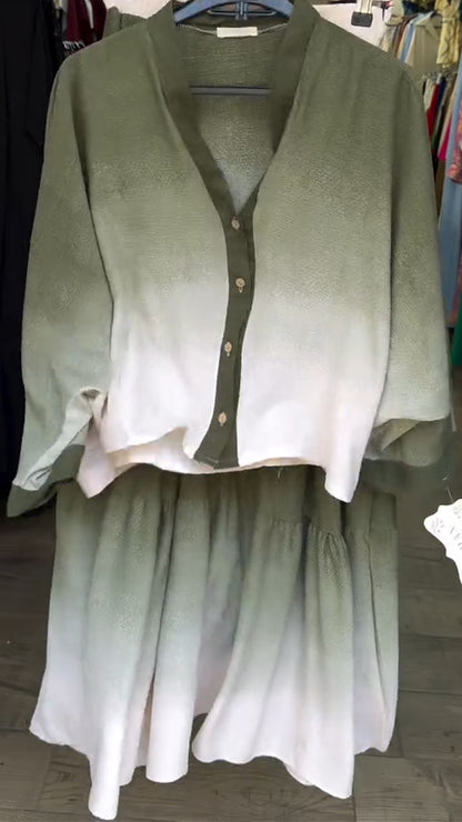 Ladies' V-neck Breasted Gradient Top+ Skirt Casual Set