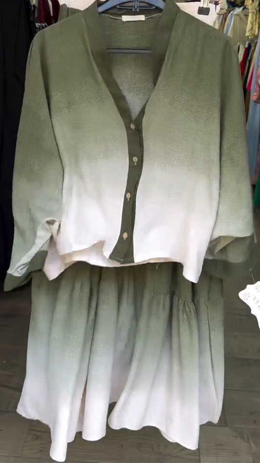 Ladies' V-neck Breasted Gradient Top+ Skirt Casual Set