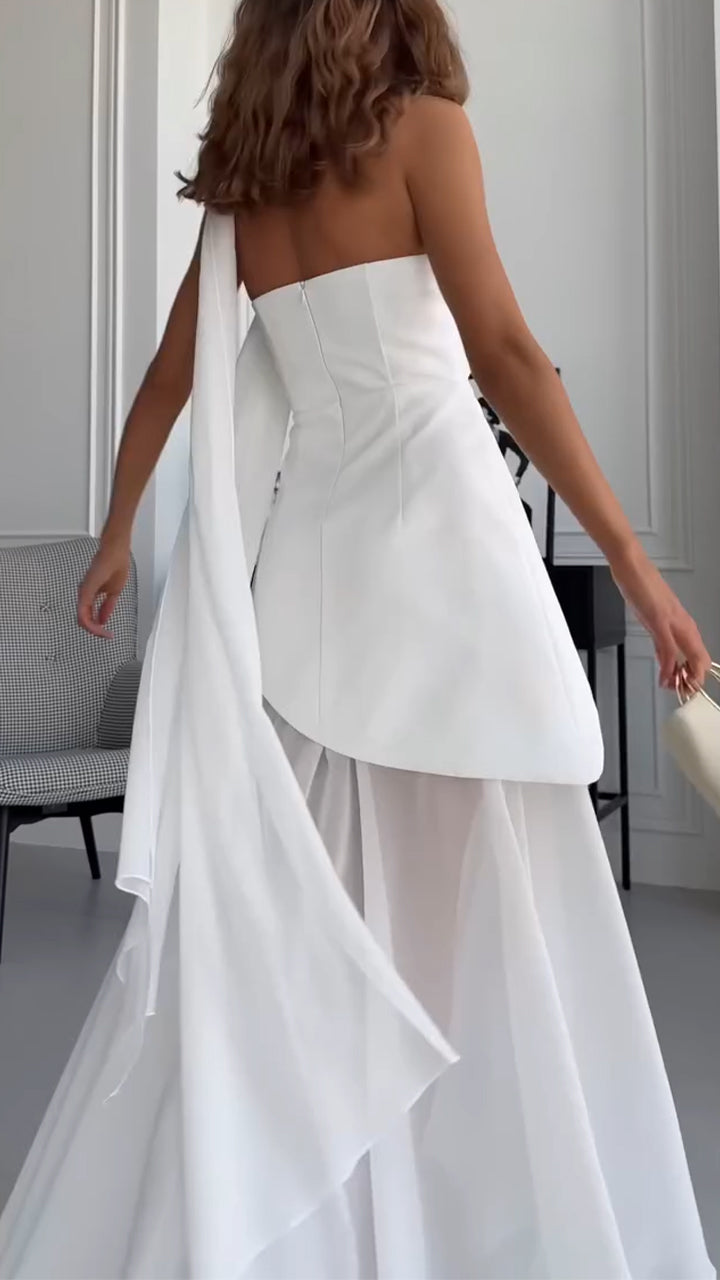 Ladies' Strapless Irregular Top+ Split Skirt Party Dinner Temperament Set