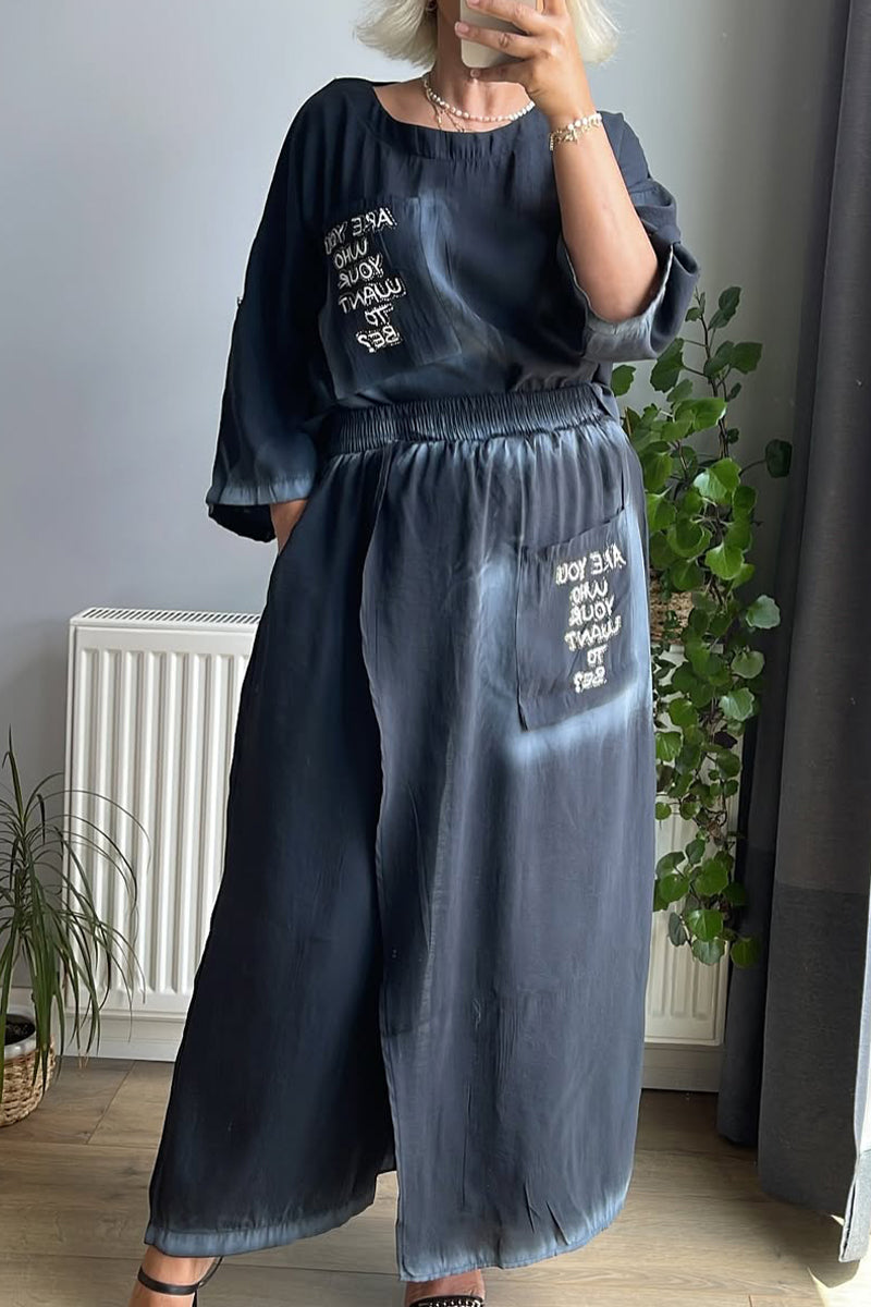 Ladies' Round Neck Printed Letter Top+ Spliced Fake Two-piece Pants Casual Set