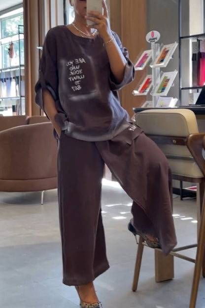 Ladies' Round Neck Printed Letter Top+ Spliced Fake Two-piece Pants Casual Set