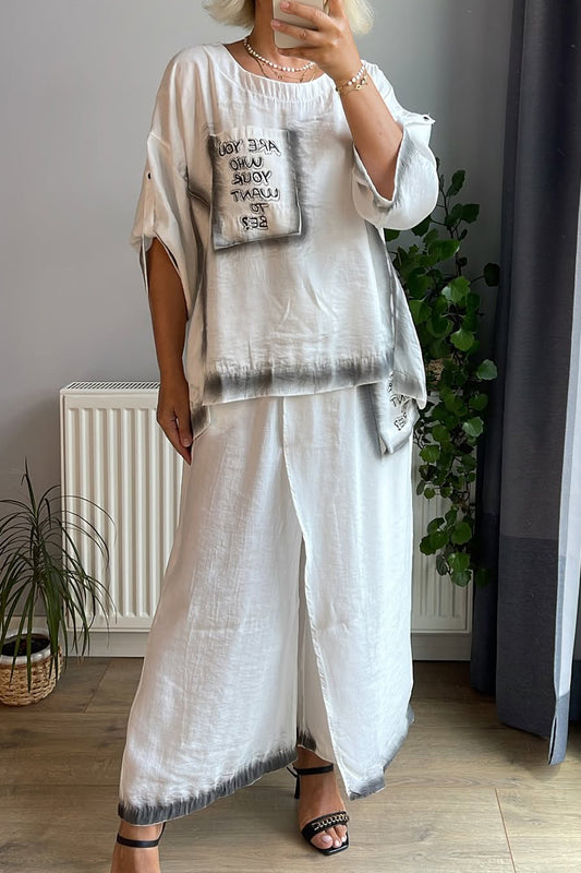 Ladies' Round Neck Printed Letter Top+ Spliced Fake Two-piece Pants Casual Set