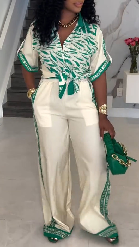 Ladies' Collar Printed Top+ Vertical Striped Pants Casual Suit