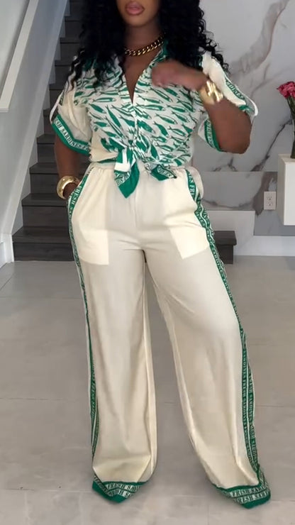 Ladies' Collar Printed Top+ Vertical Striped Pants Casual Suit