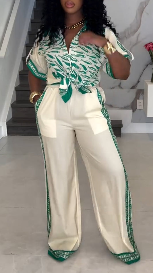 Ladies' Collar Printed Top+ Vertical Striped Pants Casual Suit