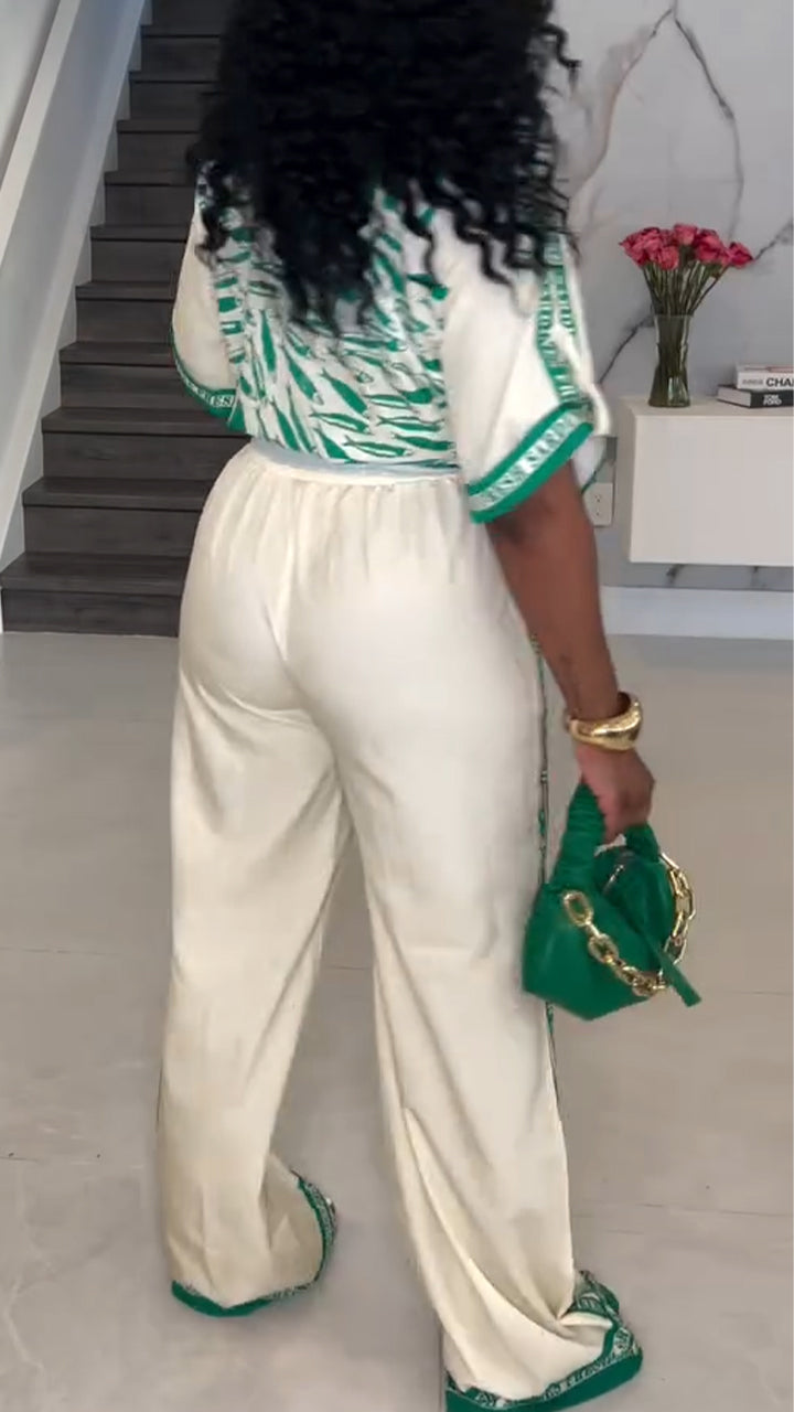 Ladies' Collar Printed Top+ Vertical Striped Pants Casual Suit