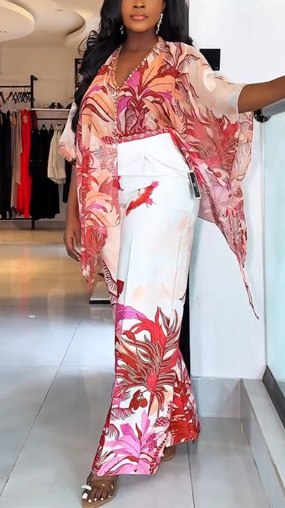 Ladies' V-neck Printed Top + Pants Casual Set
