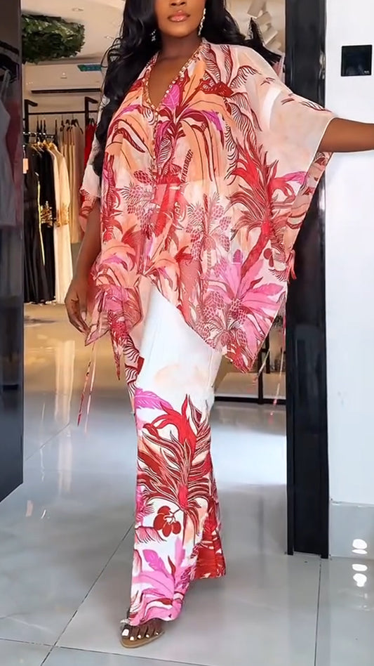 Ladies' V-neck Printed Top + Pants Casual Set