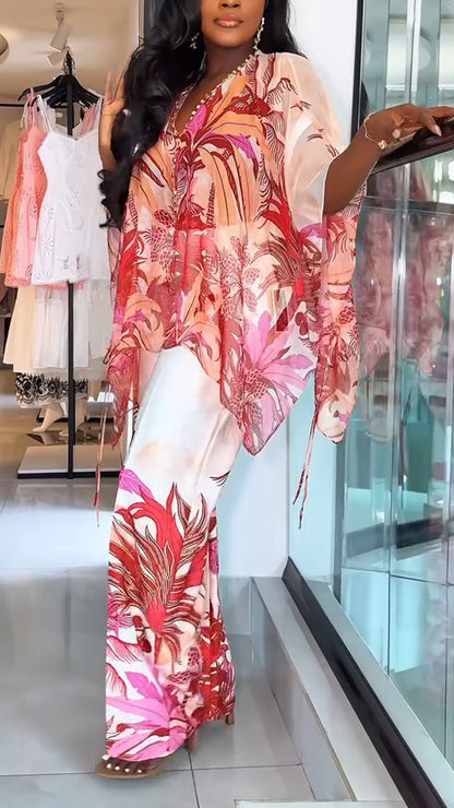 Ladies' V-neck Printed Top + Pants Casual Set