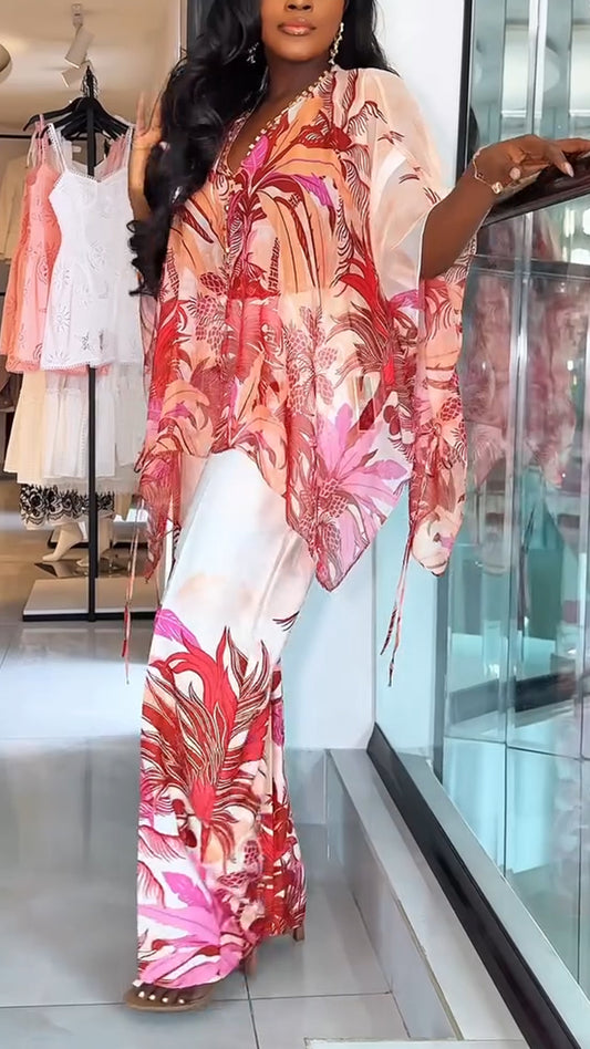 Ladies' V-neck Printed Top + Pants Casual Set