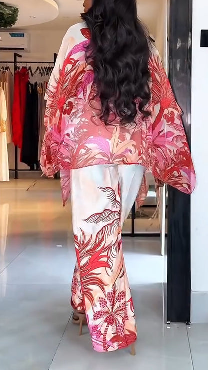 Ladies' V-neck Printed Top + Pants Casual Set