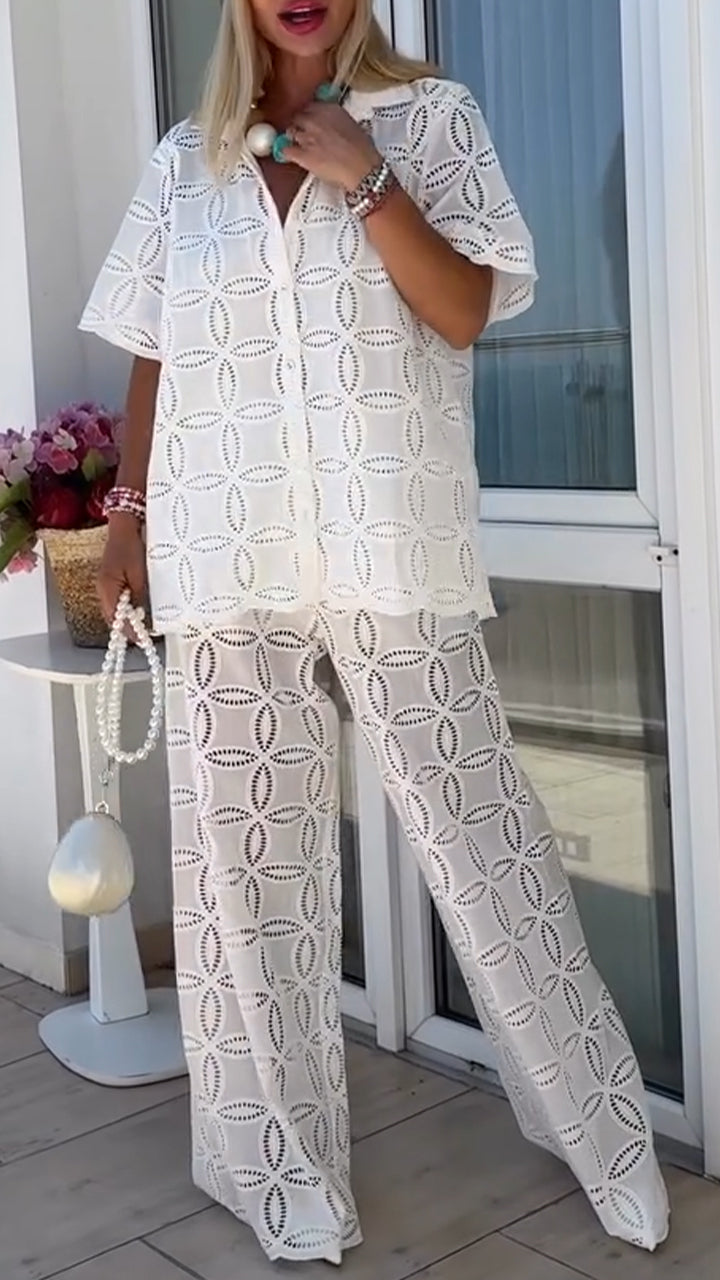 Ladies' Collar Printed Hollow Top+ Pants Casual Set