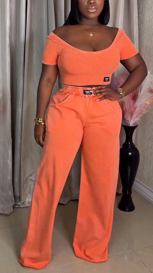 Ladies' Large U-neck Top + Pants Casual Suit