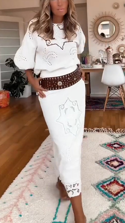 Ladies' Round Neck Printed Hollow Top+ Half Skirt Casual Suit