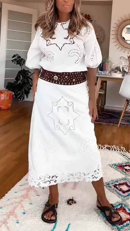 Ladies' Round Neck Printed Hollow Top+ Half Skirt Casual Suit