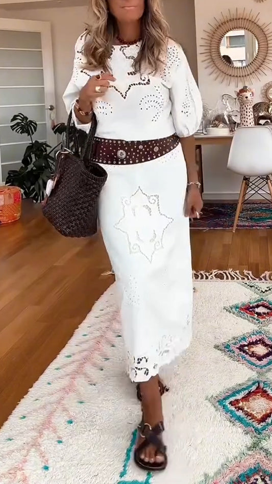 Ladies' Round Neck Printed Hollow Top+ Half Skirt Casual Suit