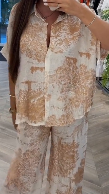 Ladies' Collar Print Loose Casual Suit