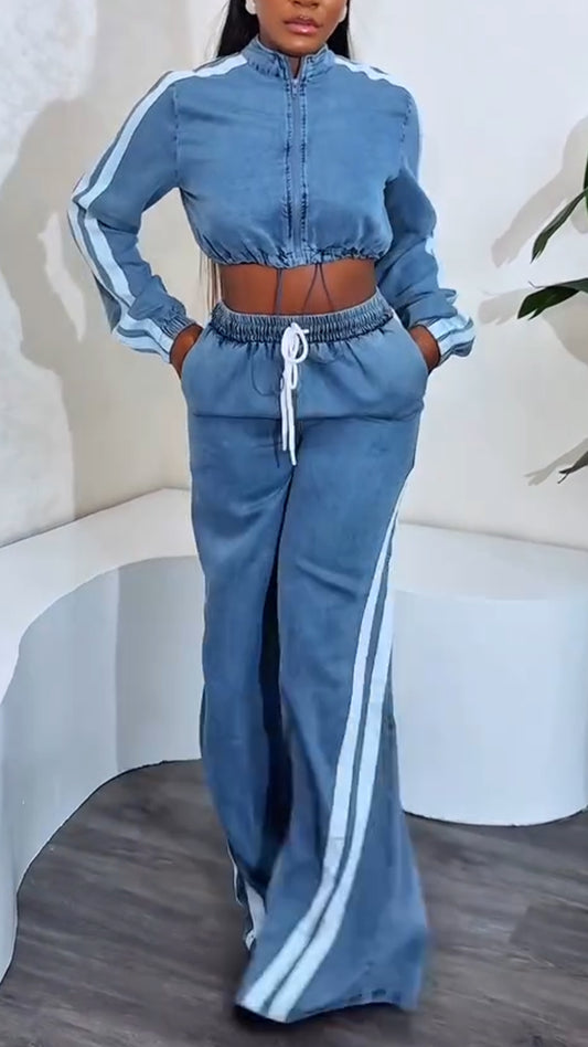 Ladies' Round Neck Zipper Vertical Stripe Top+ Pants Casual Set