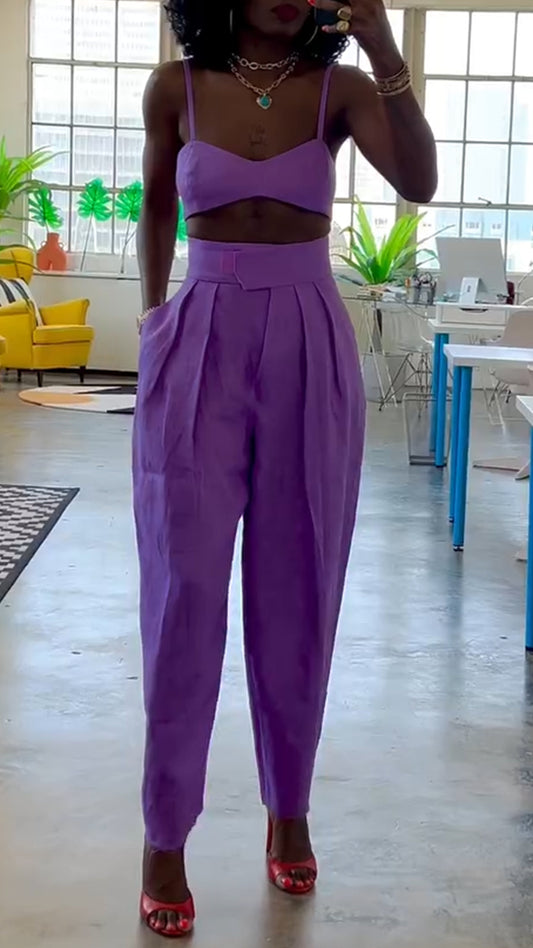 Women Camisole Strapless Top+ Pants Solid Color Casual Suit