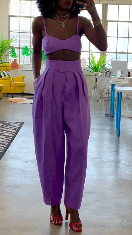 Women Camisole Strapless Top+ Pants Solid Color Casual Suit