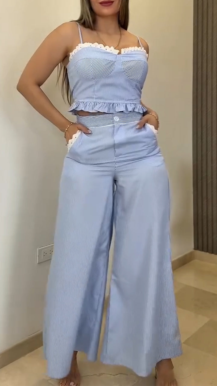 Ladies Camisole Patchwork Lace Top+ Pants Casual Suit
